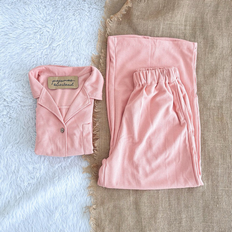 BRIA WAFFLE WIDELEG | waffle knit shortsleeves + wideleg pants loungewear set | PajamasOverload