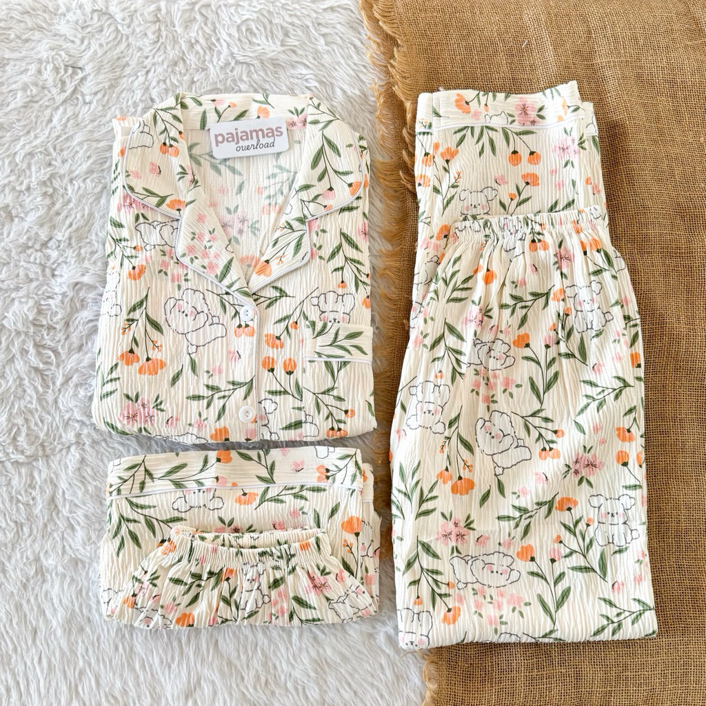 MARTINA | crumpled 3in1 shortsleeves top + pants + shorts sleepwear pajama set | PajamasOverload