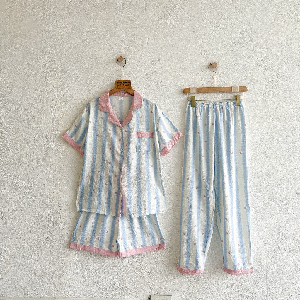 MARTINA | crumpled 3in1 shortsleeves top + pants + shorts sleepwear pajama set | PajamasOverload