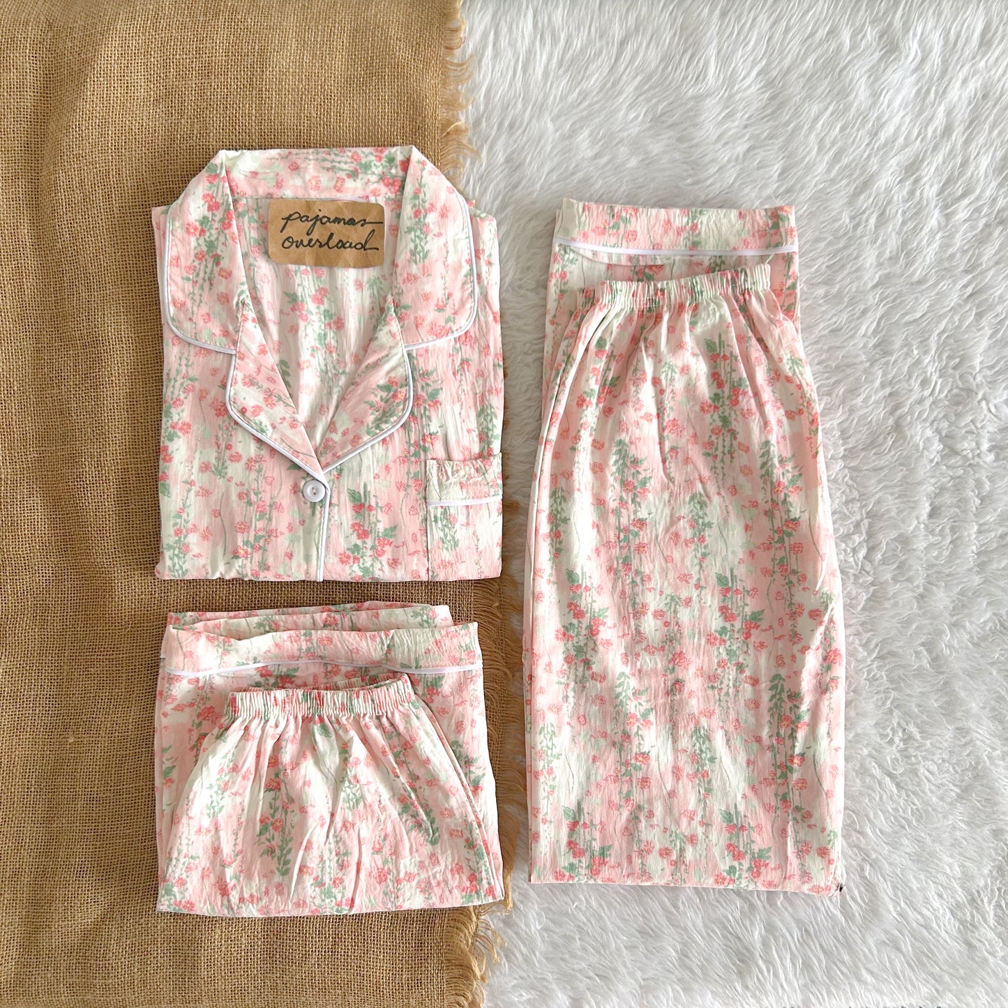 MARTINA | crumpled 3in1 shortsleeves top + pants + shorts sleepwear pajama set | PajamasOverload