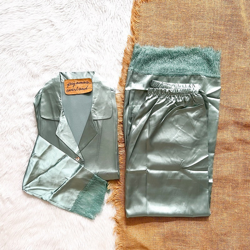 PREMIUM LACED SET | satin silk longsleeves + pants sleepwear pajama set | PajamasOverload
