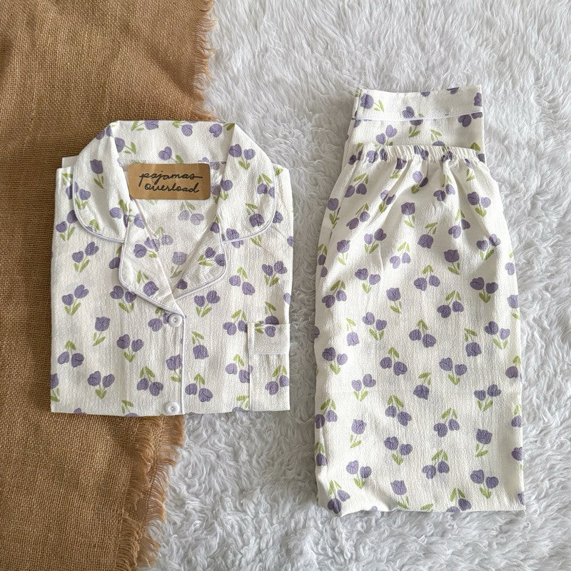 TINA | bubble gauze shortsleeves top + pants sleepwear pajama set | PajamasOverload