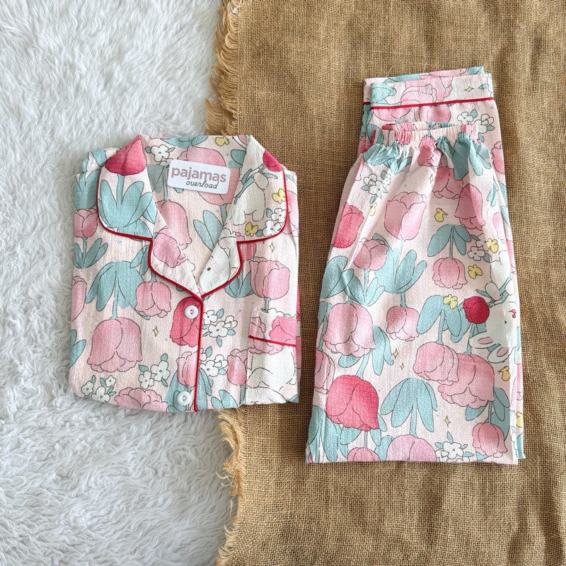 TINA | bubble gauze shortsleeves top + pants sleepwear pajama set | PajamasOverload