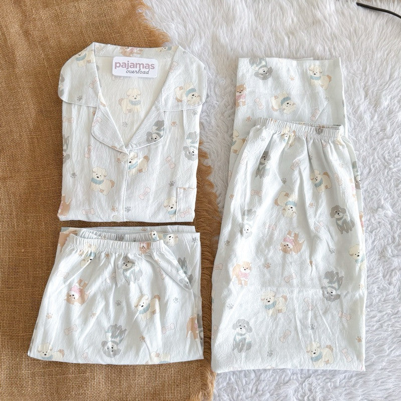 MARTINA | crumpled 3in1 shortsleeves top + pants + shorts sleepwear pajama set | PajamasOverload