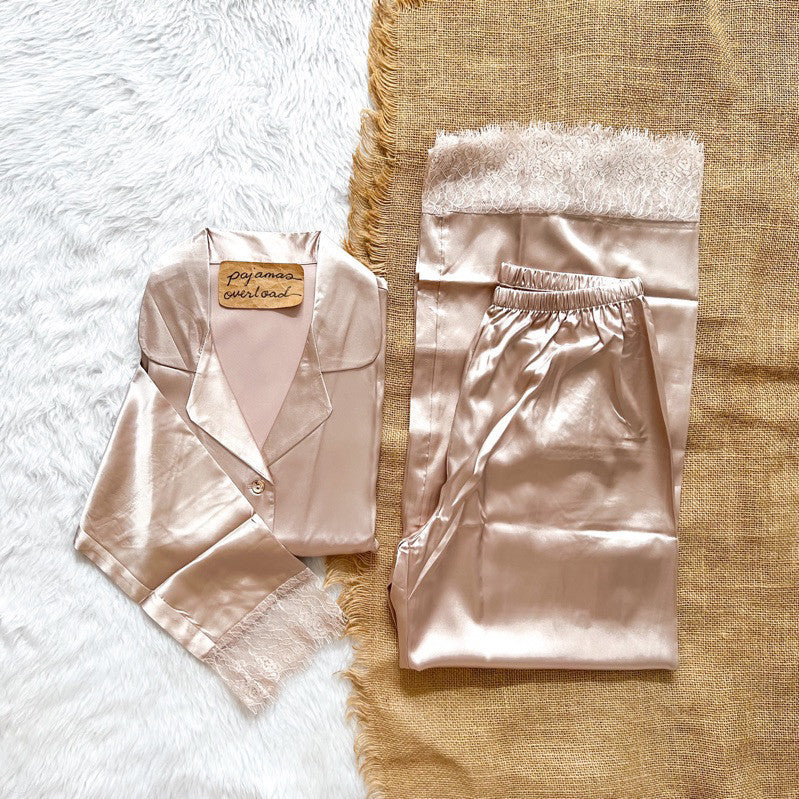 PREMIUM LACED SET | satin silk longsleeves + pants sleepwear pajama set | PajamasOverload