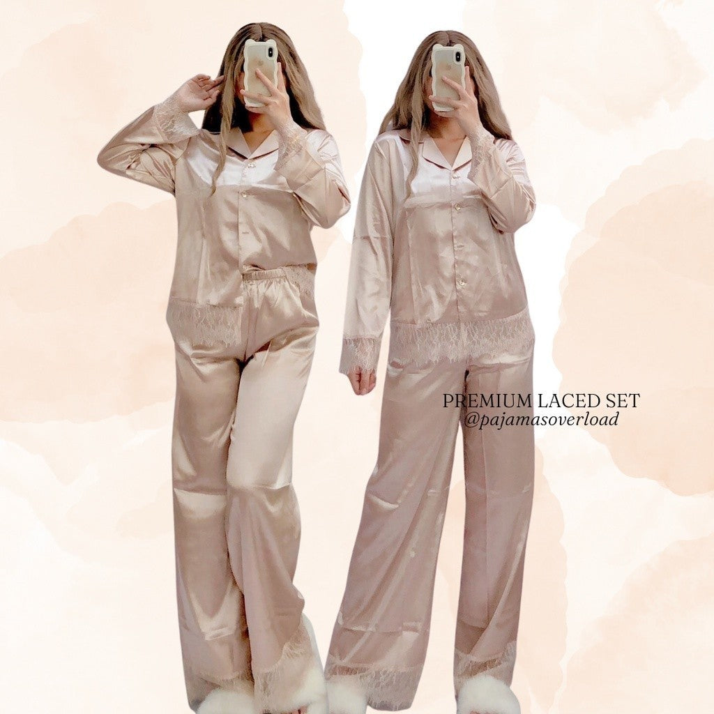 PREMIUM LACED SET | satin silk longsleeves + pants sleepwear pajama set | PajamasOverload