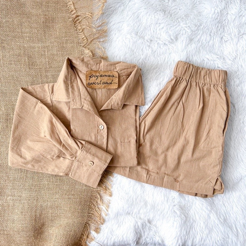 REI SET | cotton linen longsleeves oversized top + shorts loungewear set | PajamasOverload