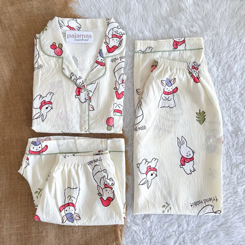 MARTINA | crumpled 3in1 shortsleeves top + pants + shorts sleepwear pajama set | PajamasOverload