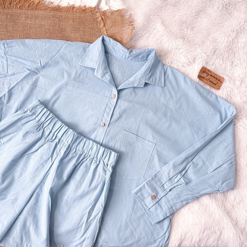 REI SET | cotton linen longsleeves oversized top + shorts loungewear set | PajamasOverload