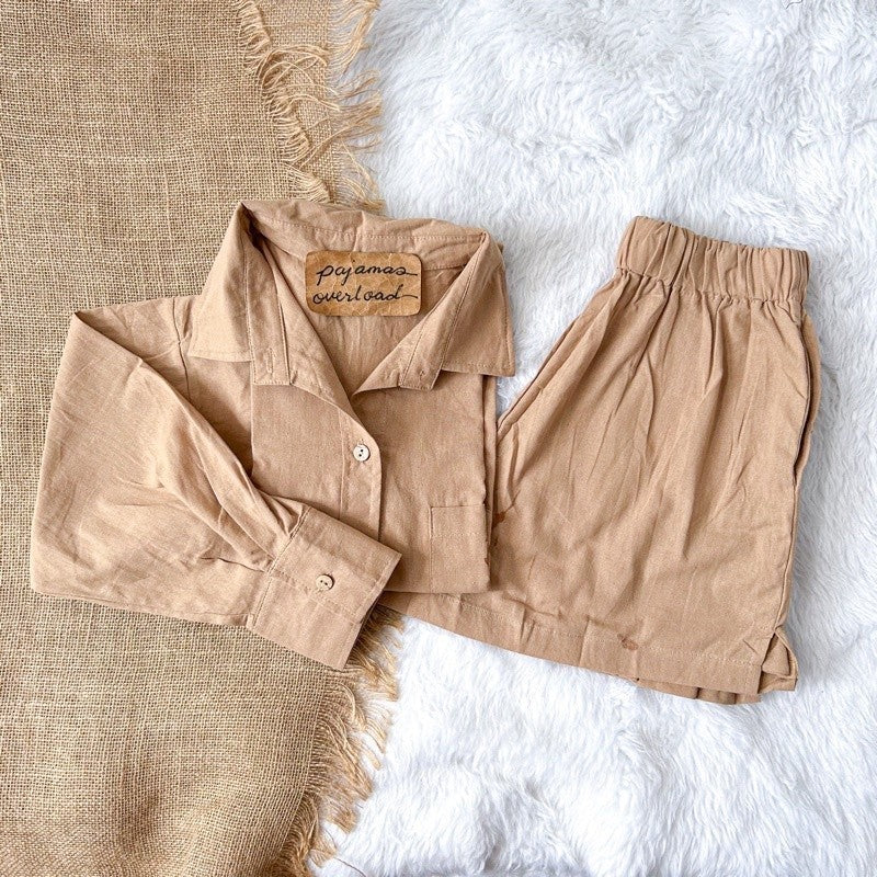 REI SET | cotton linen longsleeves oversized top + shorts loungewear set | PajamasOverload
