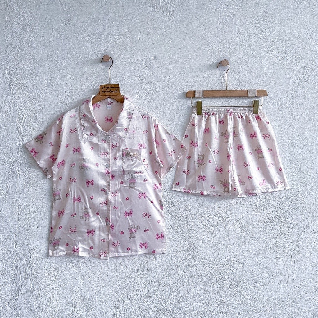 RACHEL | satin shortsleeves top with lace + shorts sleepwear pajama set | PajamasOverload