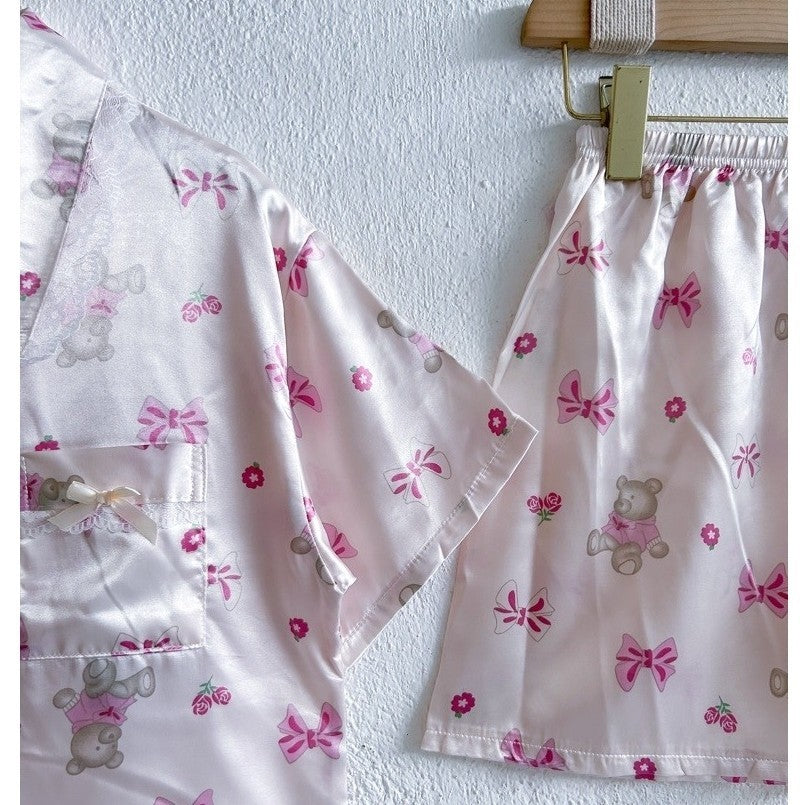 RACHEL | satin shortsleeves top with lace + shorts sleepwear pajama set | PajamasOverload