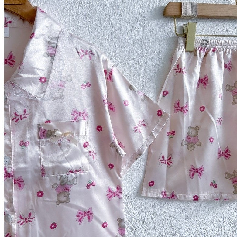 RACHEL | satin shortsleeves top with lace + shorts sleepwear pajama set | PajamasOverload