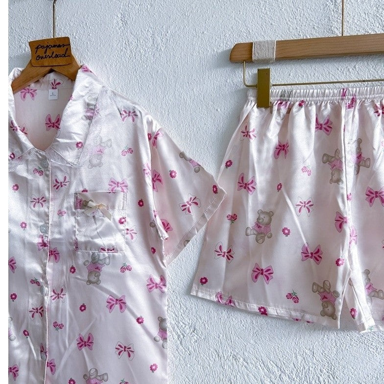 RACHEL | satin shortsleeves top with lace + shorts sleepwear pajama set | PajamasOverload