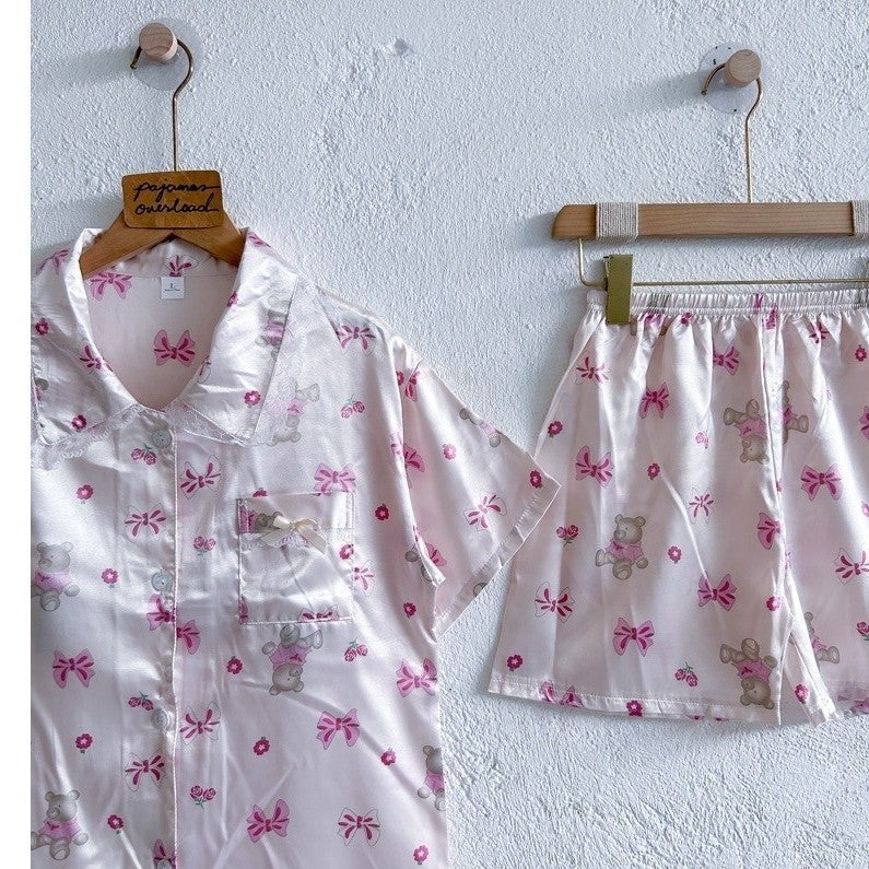 RACHEL | satin shortsleeves top with lace + shorts sleepwear pajama set | PajamasOverload