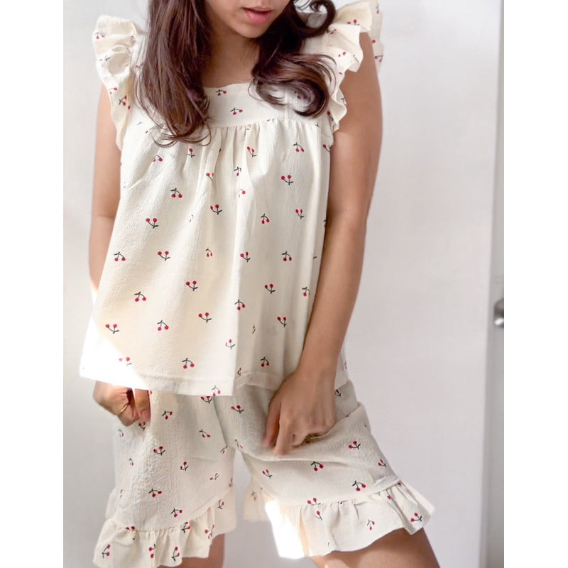 MARIKIT | bubble gauze ruffled sleeveless top + ruffled shorts sleepwear set | PajamasOverload