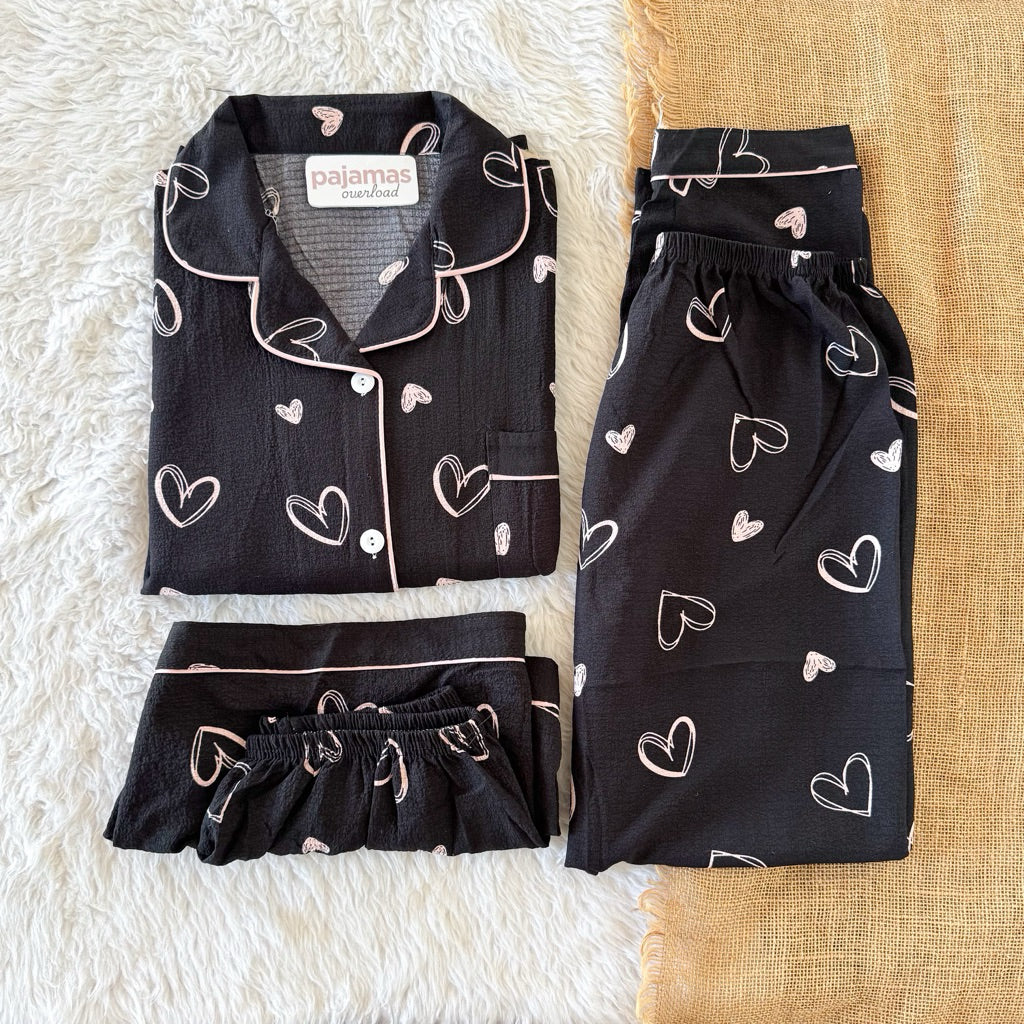 MARTINA | crumpled 3in1 shortsleeves top + pants + shorts sleepwear pajama set | PajamasOverload