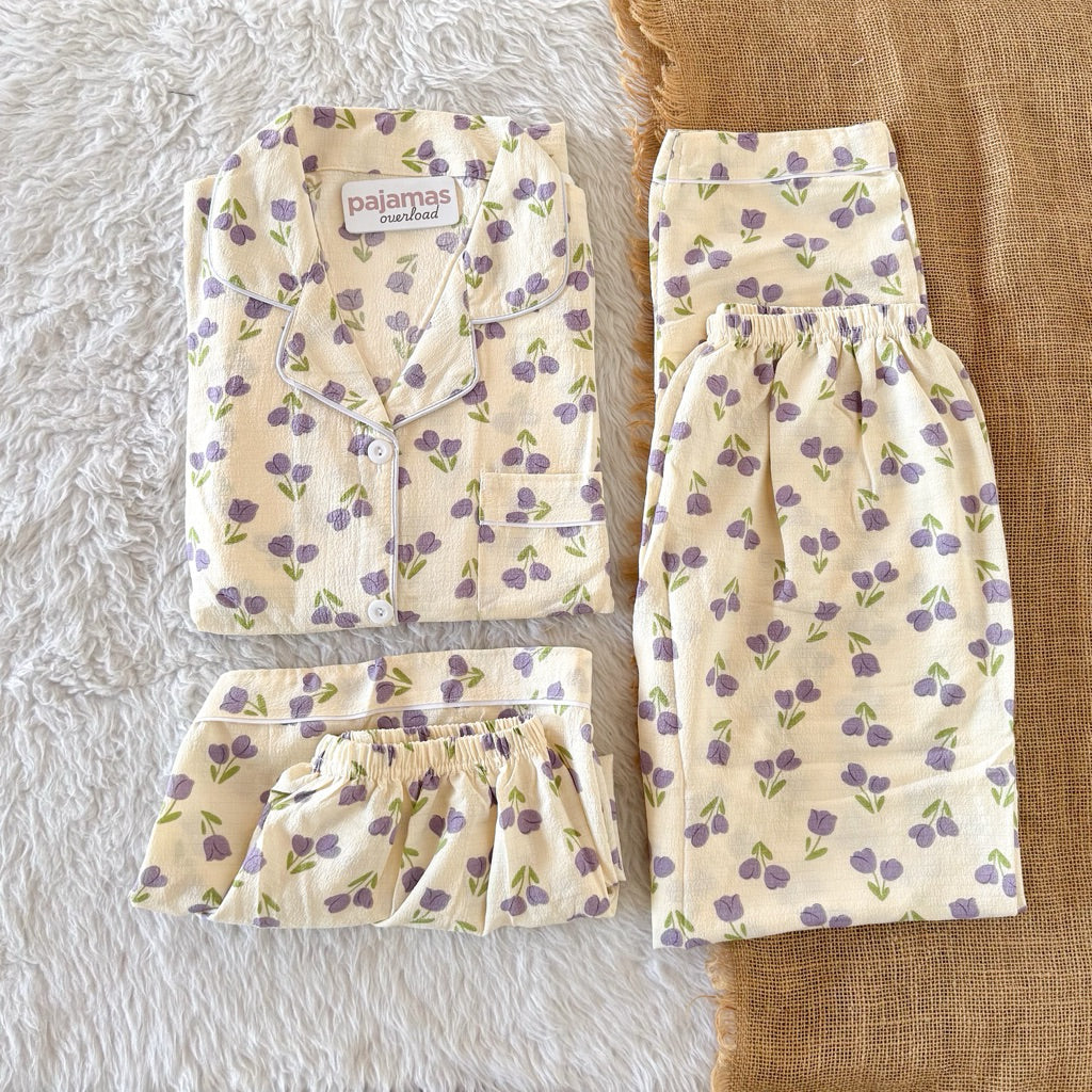 MARTINA | crumpled 3in1 shortsleeves top + pants + shorts sleepwear pajama set | PajamasOverload