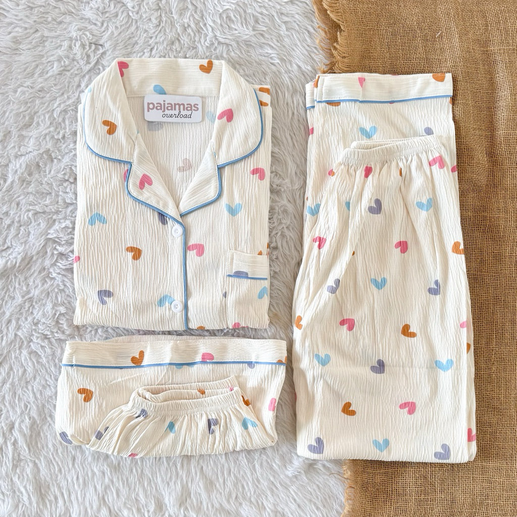 MARTINA | crumpled 3in1 shortsleeves top + pants + shorts sleepwear pajama set | PajamasOverload