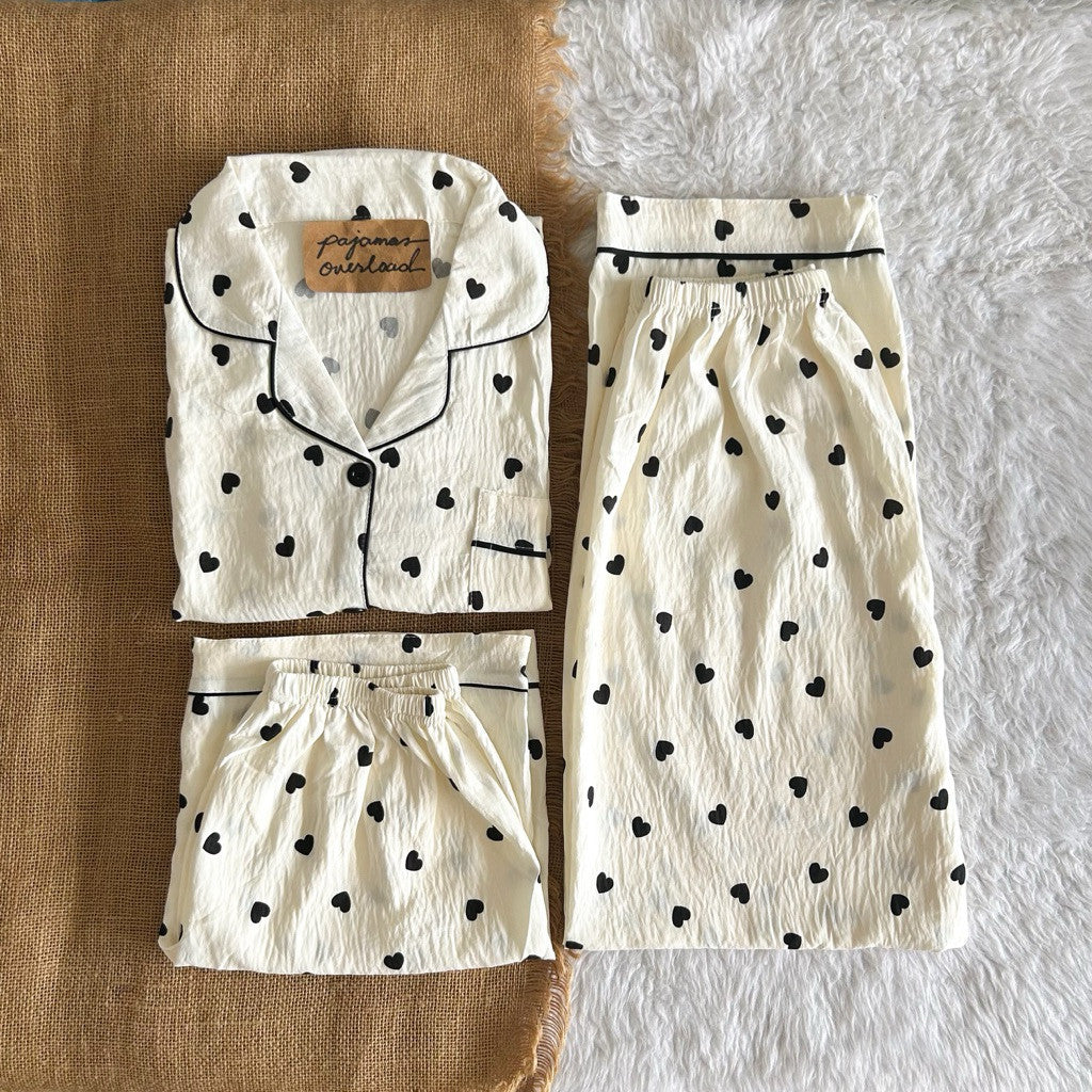 MARTINA | crumpled 3in1 shortsleeves top + pants + shorts sleepwear pajama set | PajamasOverload