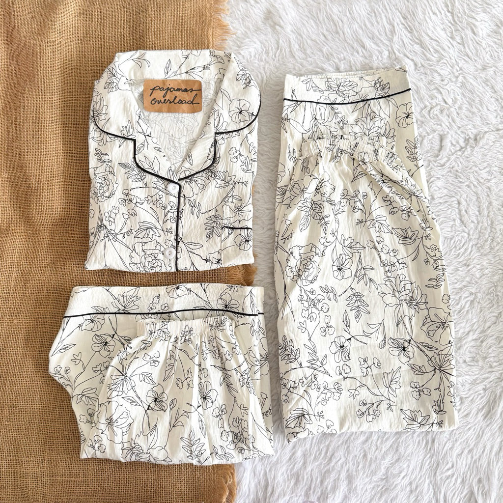 MARTINA | crumpled 3in1 shortsleeves top + pants + shorts sleepwear pajama set | PajamasOverload