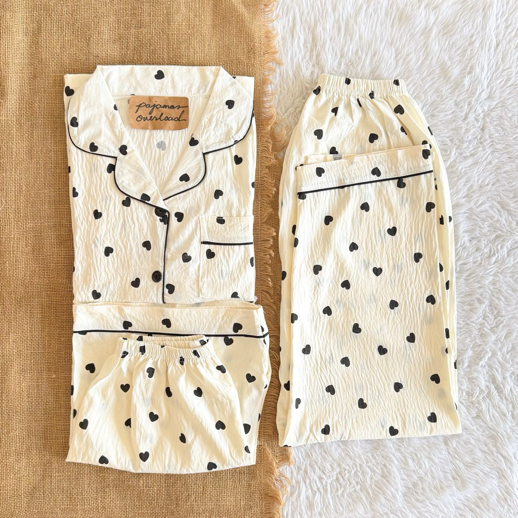 MARTINA | crumpled 3in1 shortsleeves top + pants + shorts sleepwear pajama set | PajamasOverload