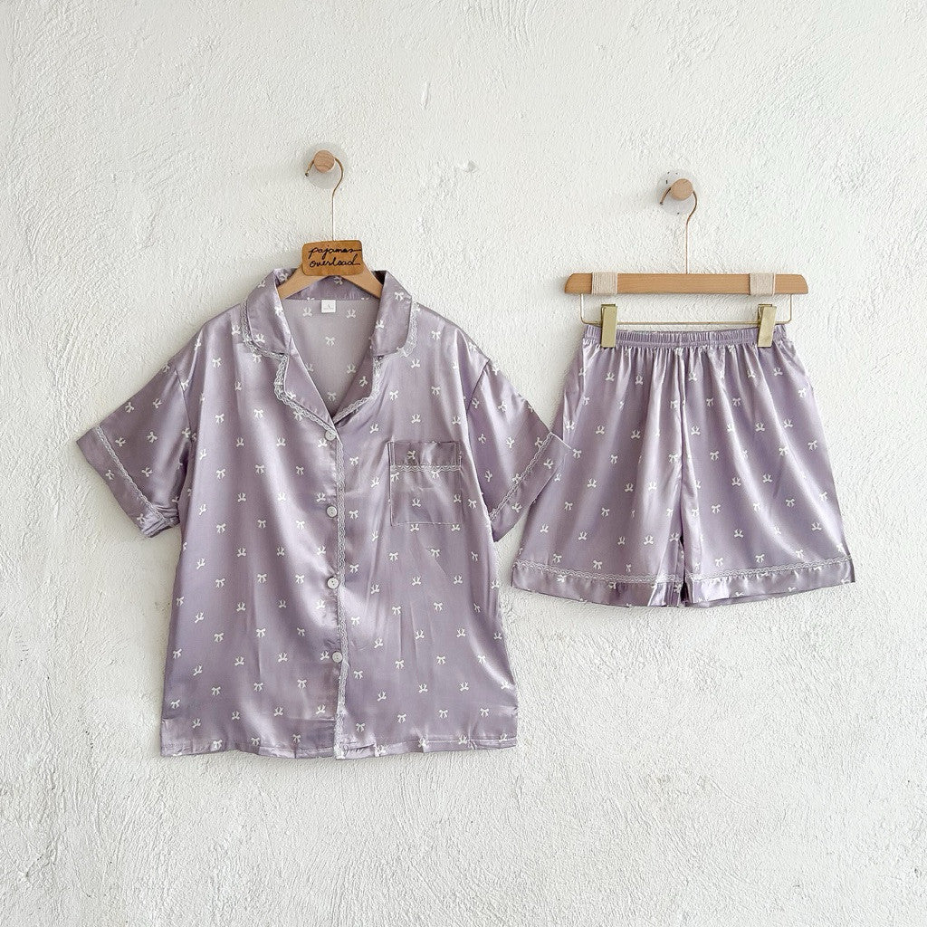 RACHEL | satin shortsleeves top with lace + shorts sleepwear pajama set | PajamasOverload