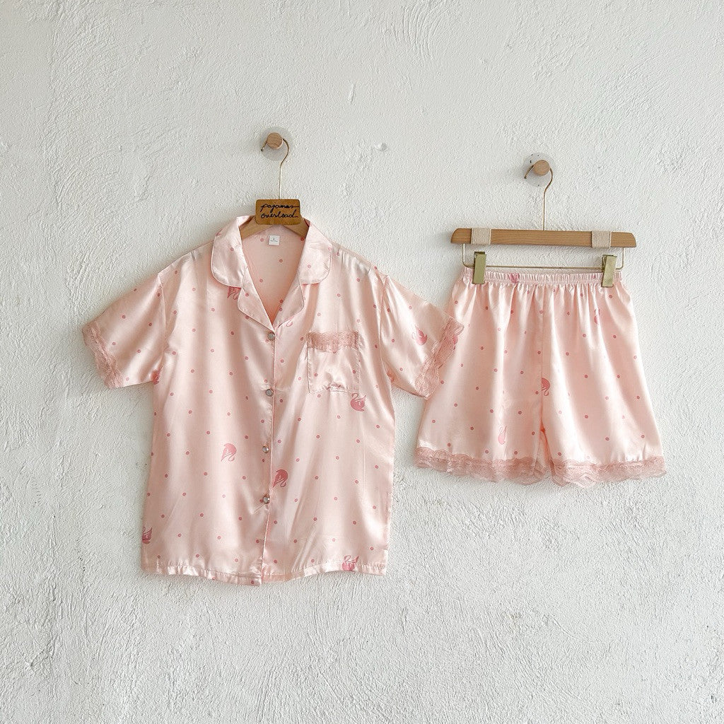 RACHEL | satin shortsleeves top with lace + shorts sleepwear pajama set | PajamasOverload
