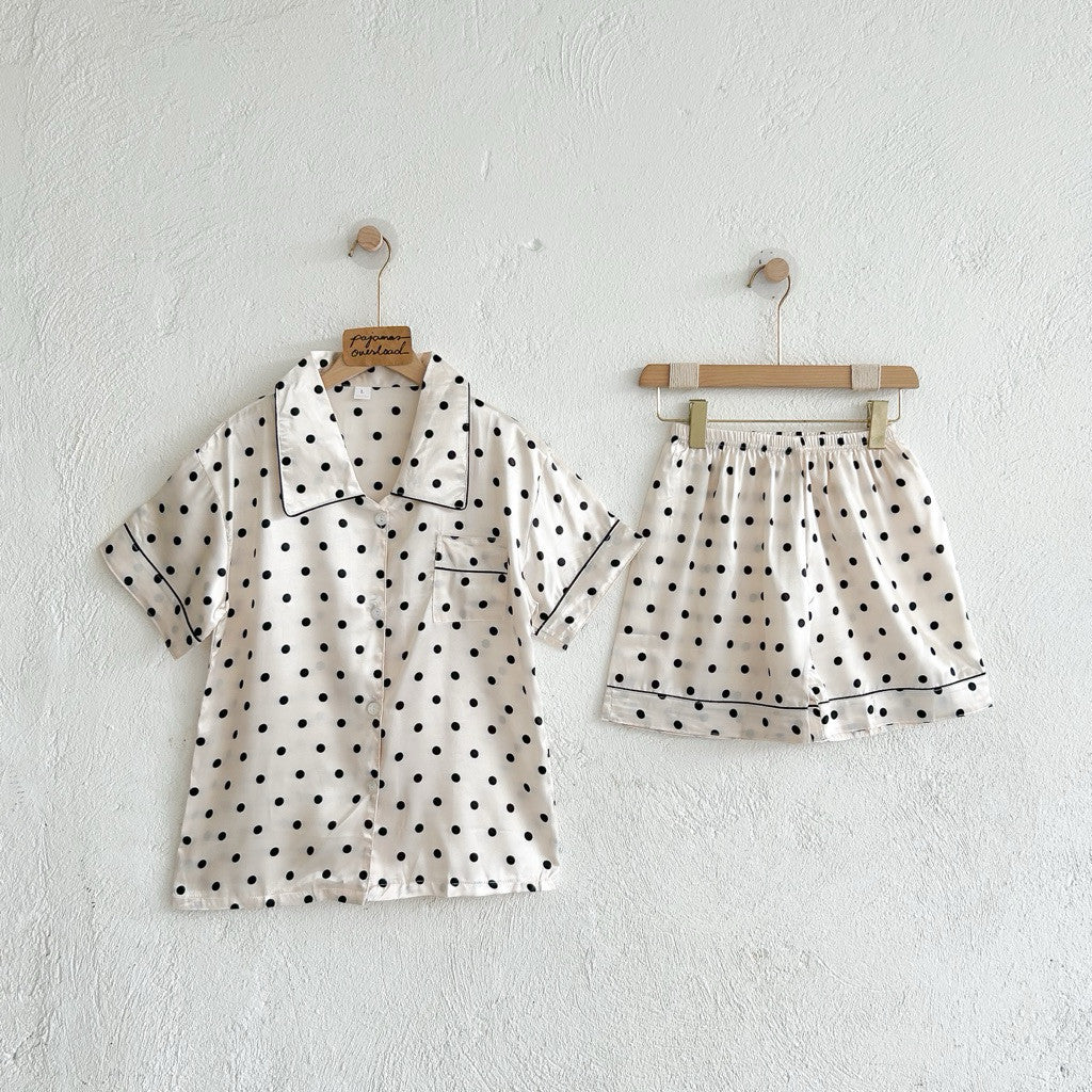RACHEL | satin shortsleeves top with lace + shorts sleepwear pajama set | PajamasOverload