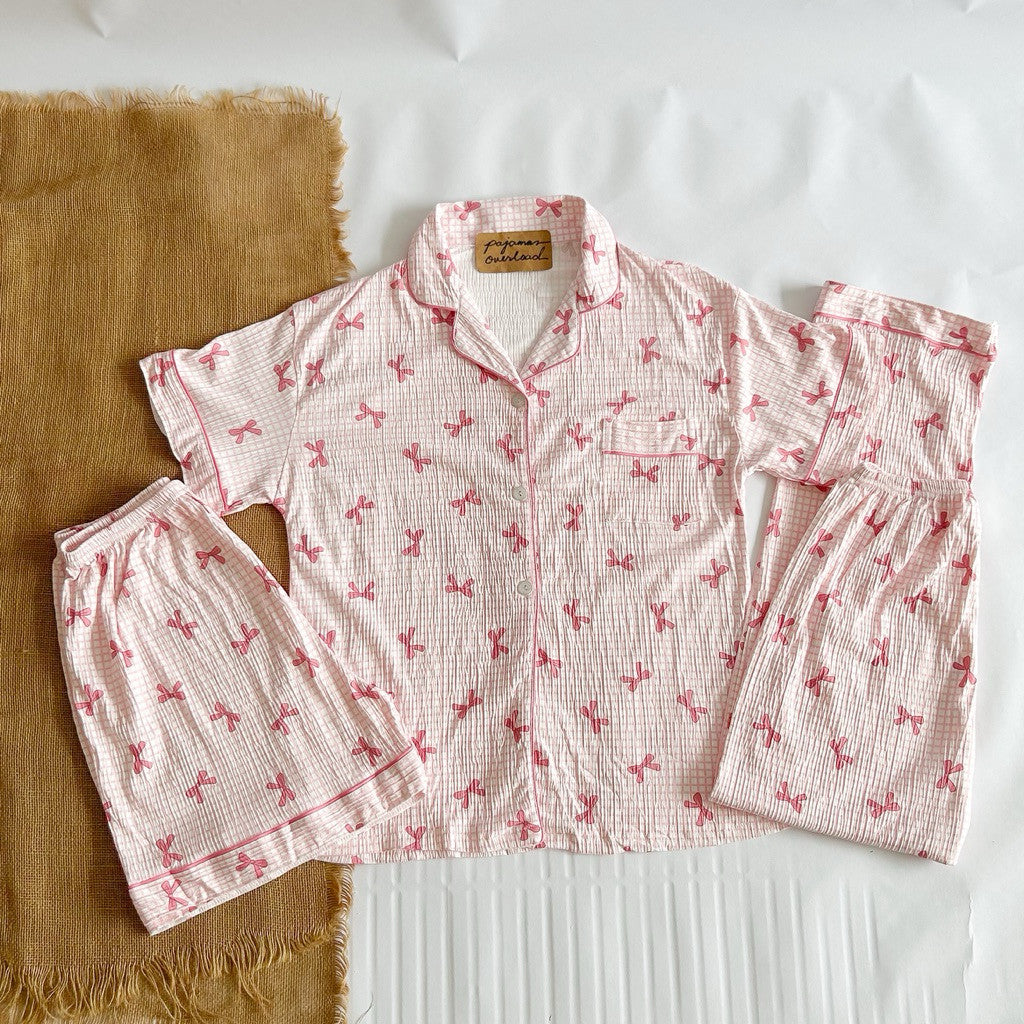 MARTINA | crumpled 3in1 shortsleeves top + pants + shorts sleepwear pajama set | PajamasOverload