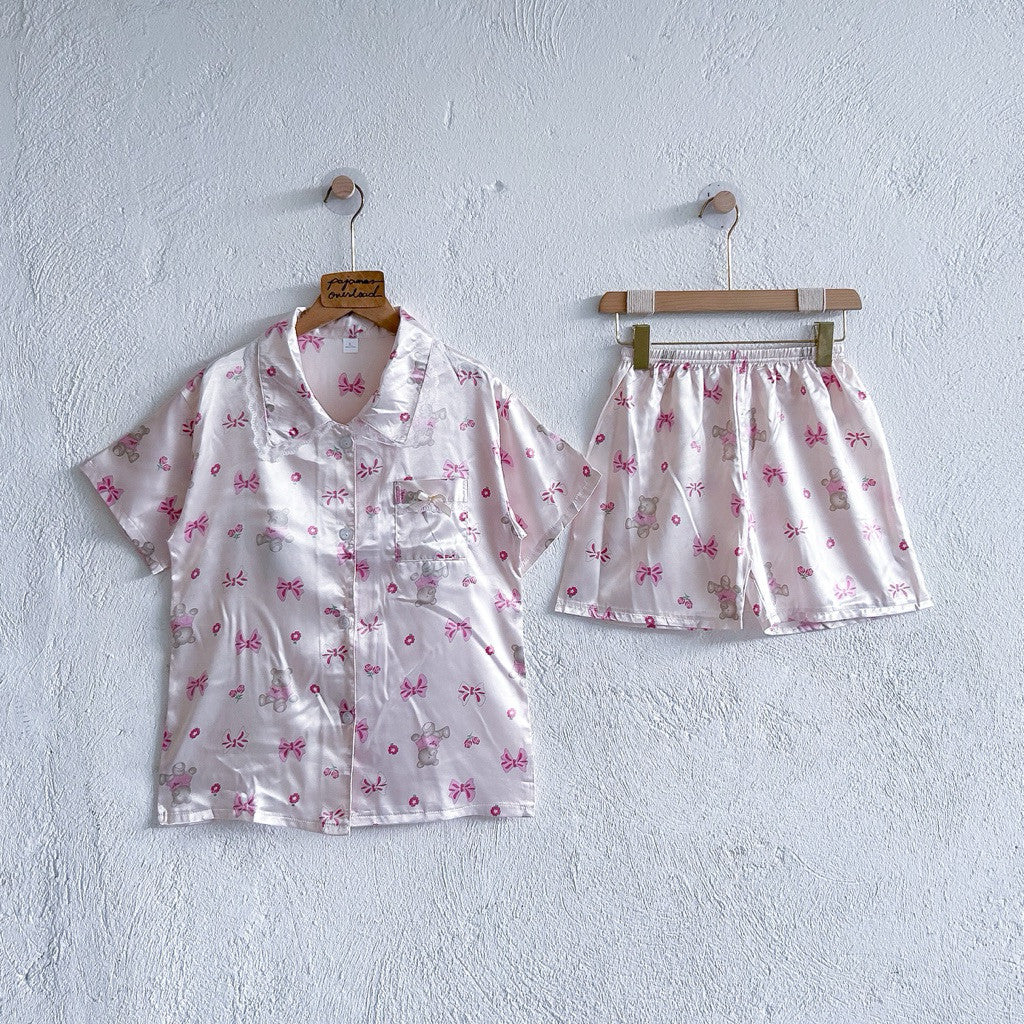 RACHEL | satin shortsleeves top with lace + shorts sleepwear pajama set | PajamasOverload